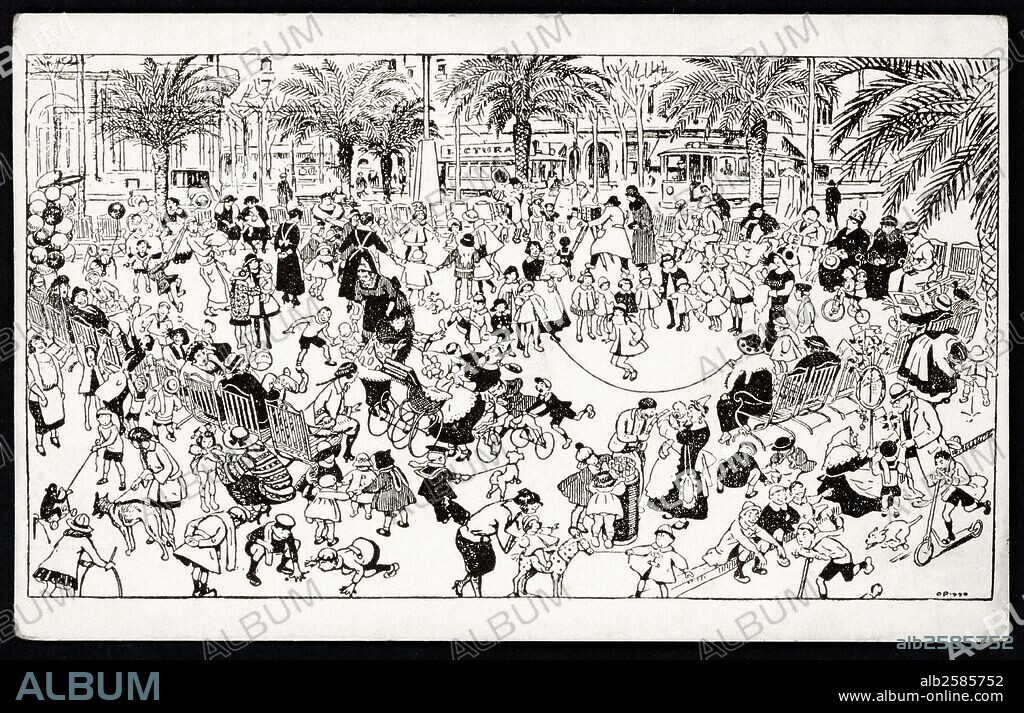 RICARD OPISSO. Tarjeta postal. Escena de la plaza de Catalunya, en Barcelona. Años 1930.