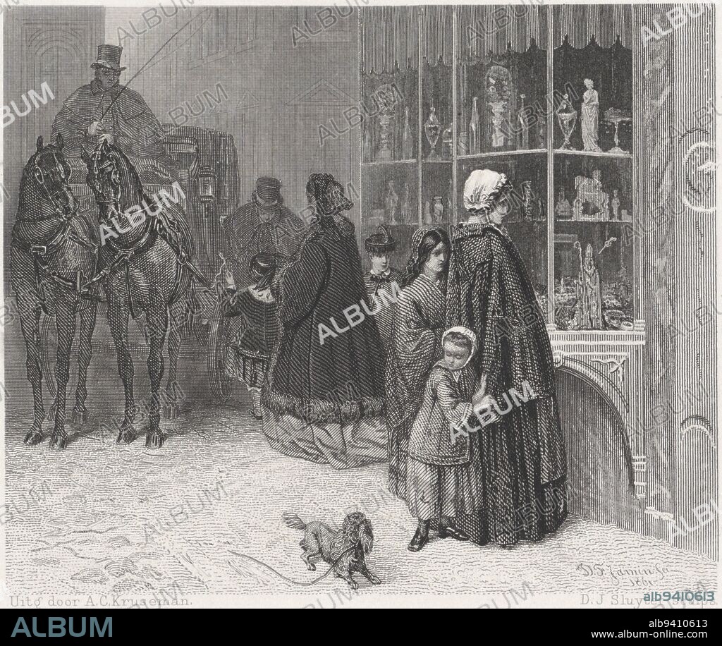 Poor and rich in the street, Dirk Jurriaan Sluyter, after Diederik Franciscus Jamin, 1863, A woman with two children in shabby clothing stares at a richly stocked window of a store with figurines, vases and glassware. The figurine on which her gaze is focused possibly represents St. Nicholas. The smallest child is looking at a little dog in the street. A more richly dressed lady walks with her children to a man at a ready carriage., print maker: Dirk Jurriaan Sluyter, (mentioned on object), Diederik Franciscus Jamin, (mentioned on object), publisher: Arie Cornelis Kruseman, (mentioned on object), print maker: Amsterdam, publisher: Haarlem, 1863, paper, etching, engraving, h 114 mm × w 176 mm.