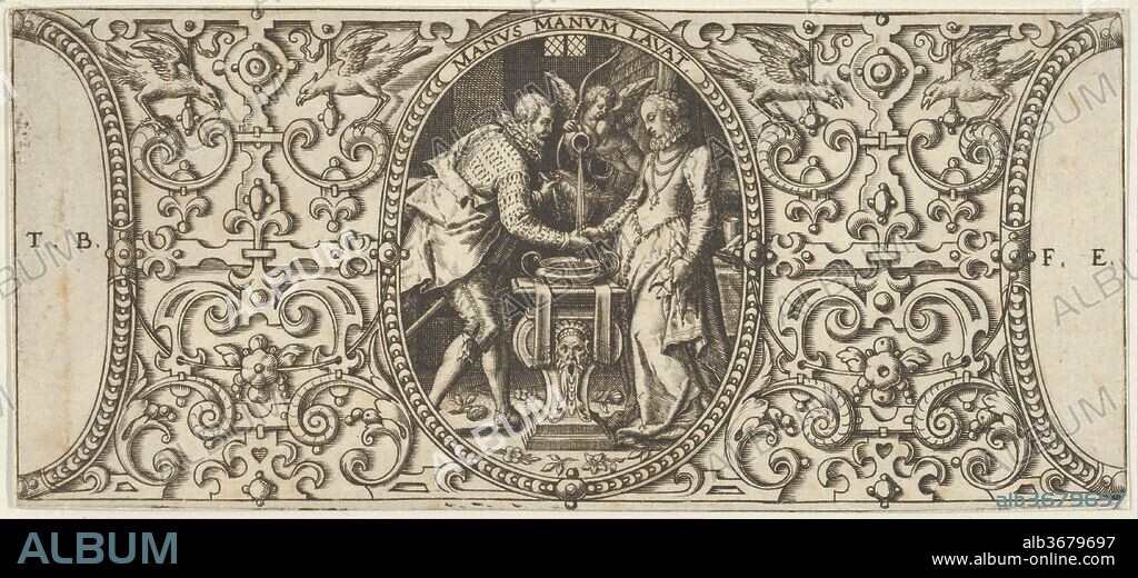 A Couple Shaking Hands, from Grotisch fur alle Kunstler. Artist: Theodor de Bry (Netherlandish, Liège 1528-1598 Frankfurt). Dimensions: Sheet: 2 5/8 × 5 13/16 in. (6.7 × 14.7 cm). Date: 1580-1600.
Framed in an oval at center, a man, at left, and woman, at right, shake hands, while a putto pours water over their hands and into a basin decorated with a grotesque mask. The oval is surrounded by symmetrical ornamental design with a pair of birds at the upper left and upper right. At the left and right edge, segmented ovals with the artist's signature. Associated with the series, Grotisch fur alle Kunstler, consisting of four plates.