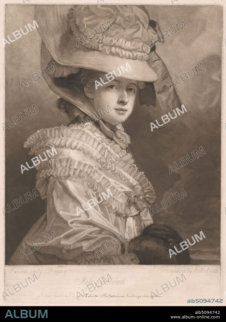 Miss Cumberland, Print made by John Raphael Smith, 17521812, British, after George Romney, 17341802, British, 1779, Mezzotint (first state) on moderately thick, moderately textured, cream, laid paper, Sheet: 22 5/8 × 18 1/2 inches (57.5 × 47 cm), Plate: 15 1/16 × 11 inches (38.3 × 27.9 cm), and Image: 13 1/8 × 10 15/16 inches (33.3 × 27.8 cm).