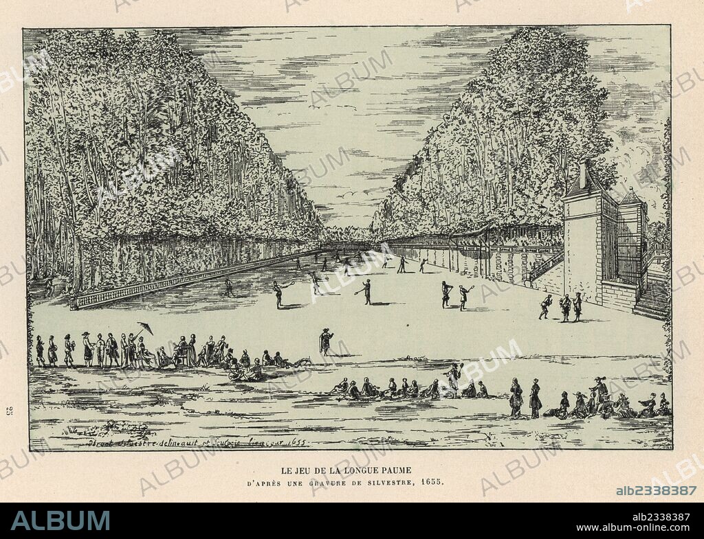 The game of longue paume, lawn tennis, played in a park in Paris, 17th century. From an engraving by Israel Sylvestre, 1655. Lithograph from Henry Rene Allemagne's Sports and Games of Skill (Sports et Jeux d'Adresse), Librairie Hachette, Paris, 1903.