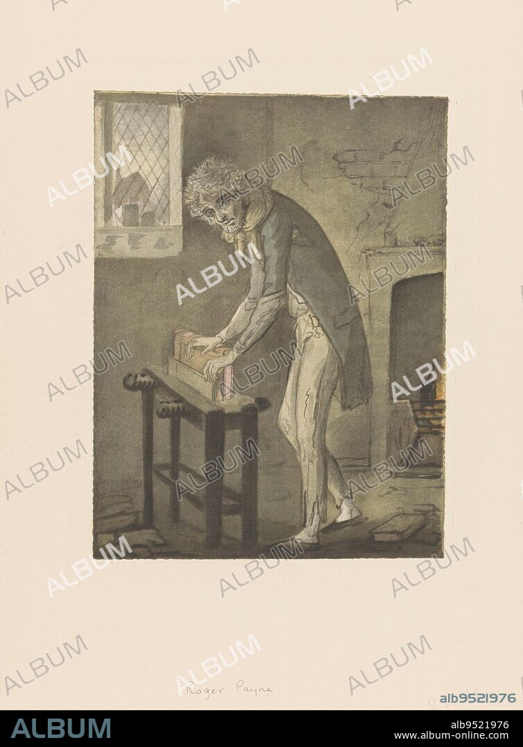 Portrait of bookbinder Roger Payne, Roger Payne, standing in his studio, his hands resting on a book in a press. In the background a fireplace., maker: anonymous, after drawing by: Sylvester Harding, (possibly), c. 1900, paper, height 230 mm × width 180 mm.