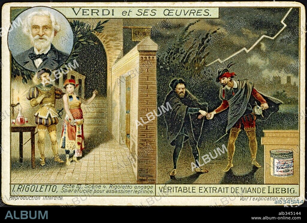 "Rigoletto" contrata a Sparafucile para el asesinato del duque, opera de Verdi, Acto III,  Escena 4, tarjeta postal.
