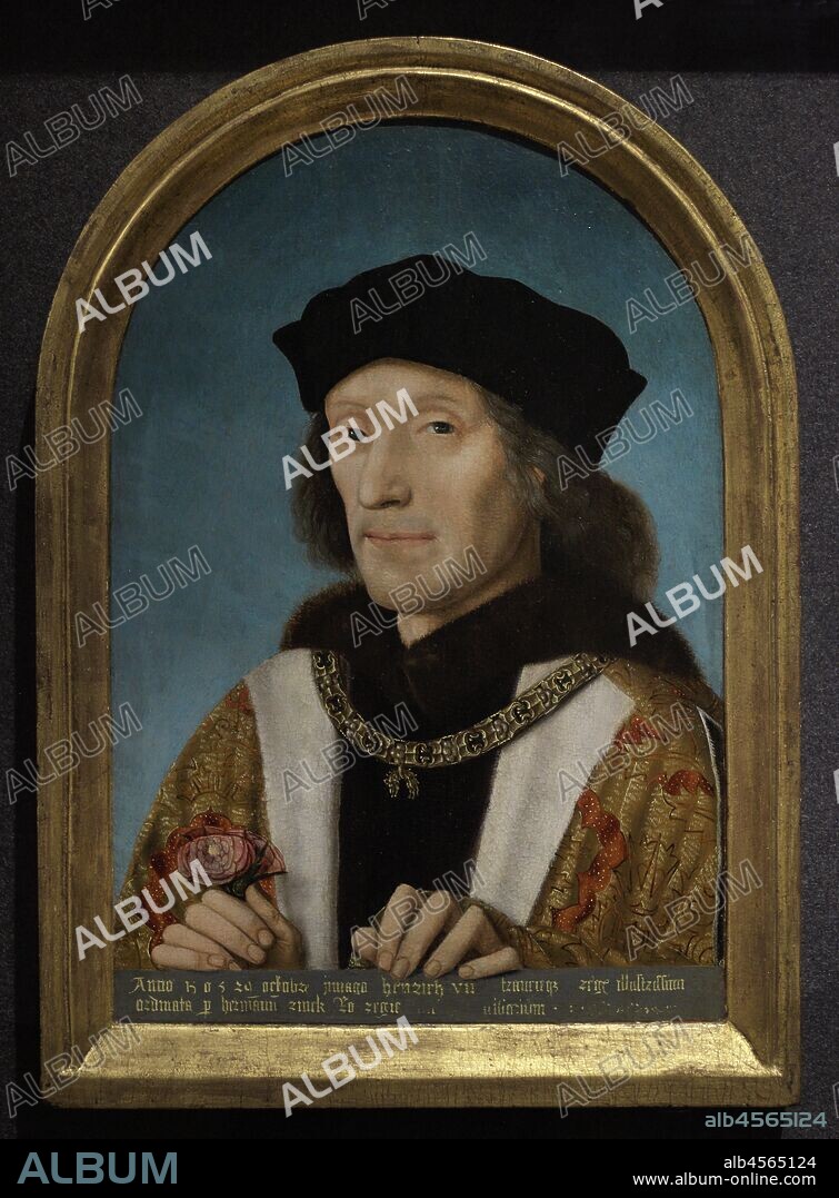 Enrique VII (1457-1509). Rey de Inglaterra y señor de Irlanda. Fundador de la dinastía Tudor. Retrato de Enrique VII sosteniendo la Rosa de Lancaster y portando el collar del Toisón de Oro. Autor desconocido neerlandés. Oleo sobre tabla (42,5 x 30,5 cm),1505. National Portrait Gallery. Londes. Inglaterra.