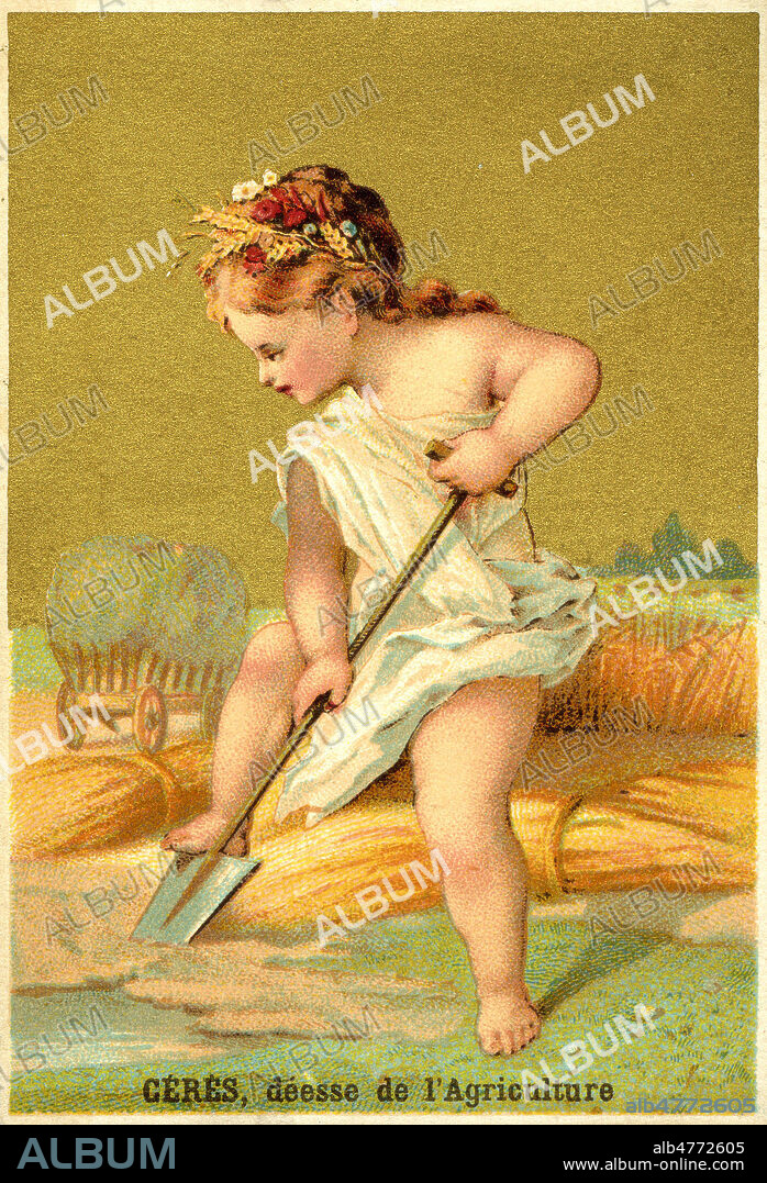 CERES deesse de l'Agriculture - Serie sur les deesses de la mythologie romaine. Chromo fin 19eme siecle, petites images enfantines amusantes la plupart du temps publicitaires, hauteur env 10cm. Credit KHARBINE TAPABOR.
