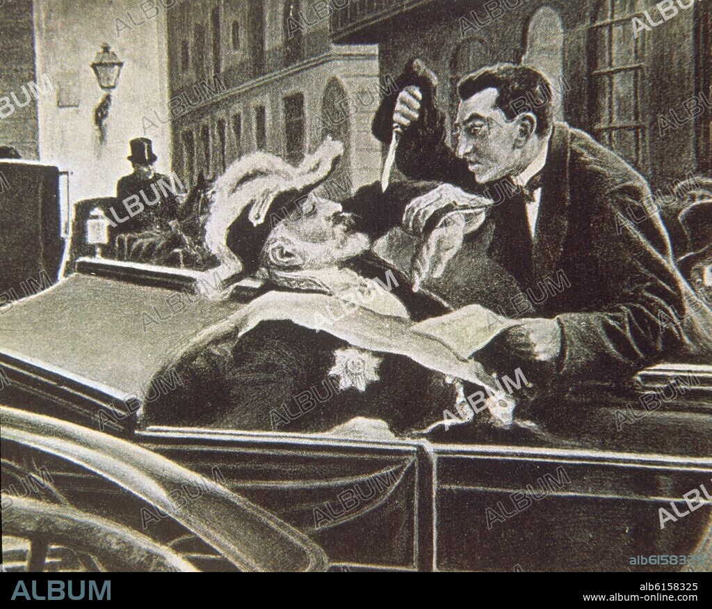 CABRINETY. ATENTADO A ANTONIO MAURA EN BARCELONA POR MIGUEL ARTAL EN 1904 - DIBUJO SIGLO XX.