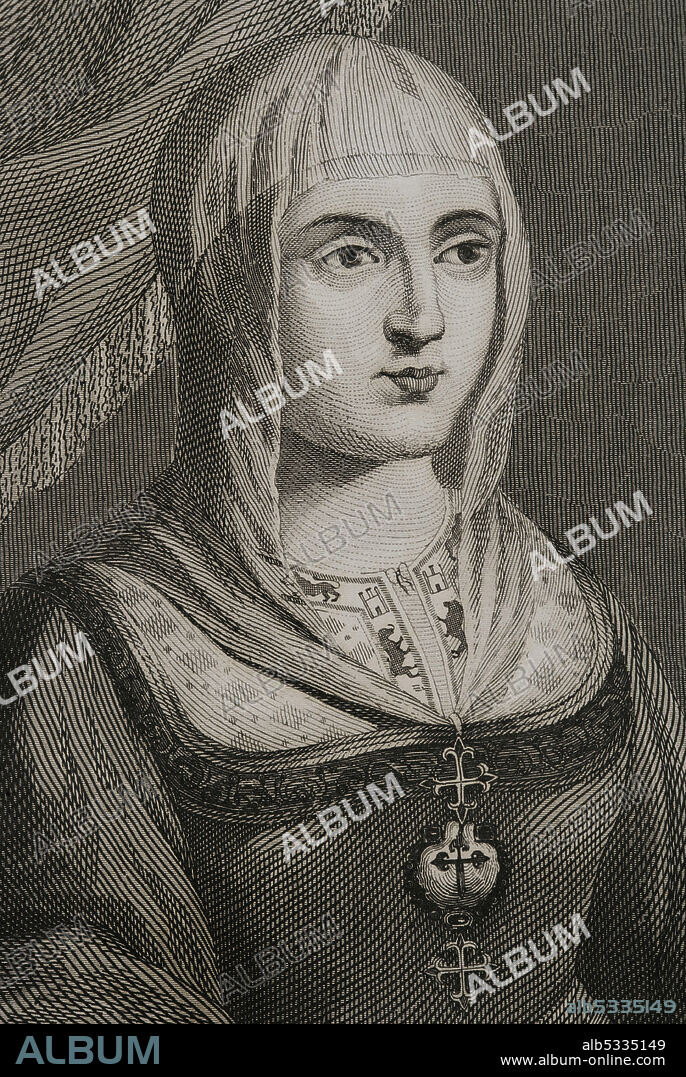 ANTONIO ROCA SALLENT (1813-1864). SPANISH ENGRAVER.. Isabel I de Castilla (1451-1504). Reina de Castilla (1474-1504). Esposa de Fernando I de Aragón. Retrato, detalle. Grabado por Antonio Roca Sallent. Las Glorias Nacionales. Tomo V, edición Madrid-Barcelona, 1853.
