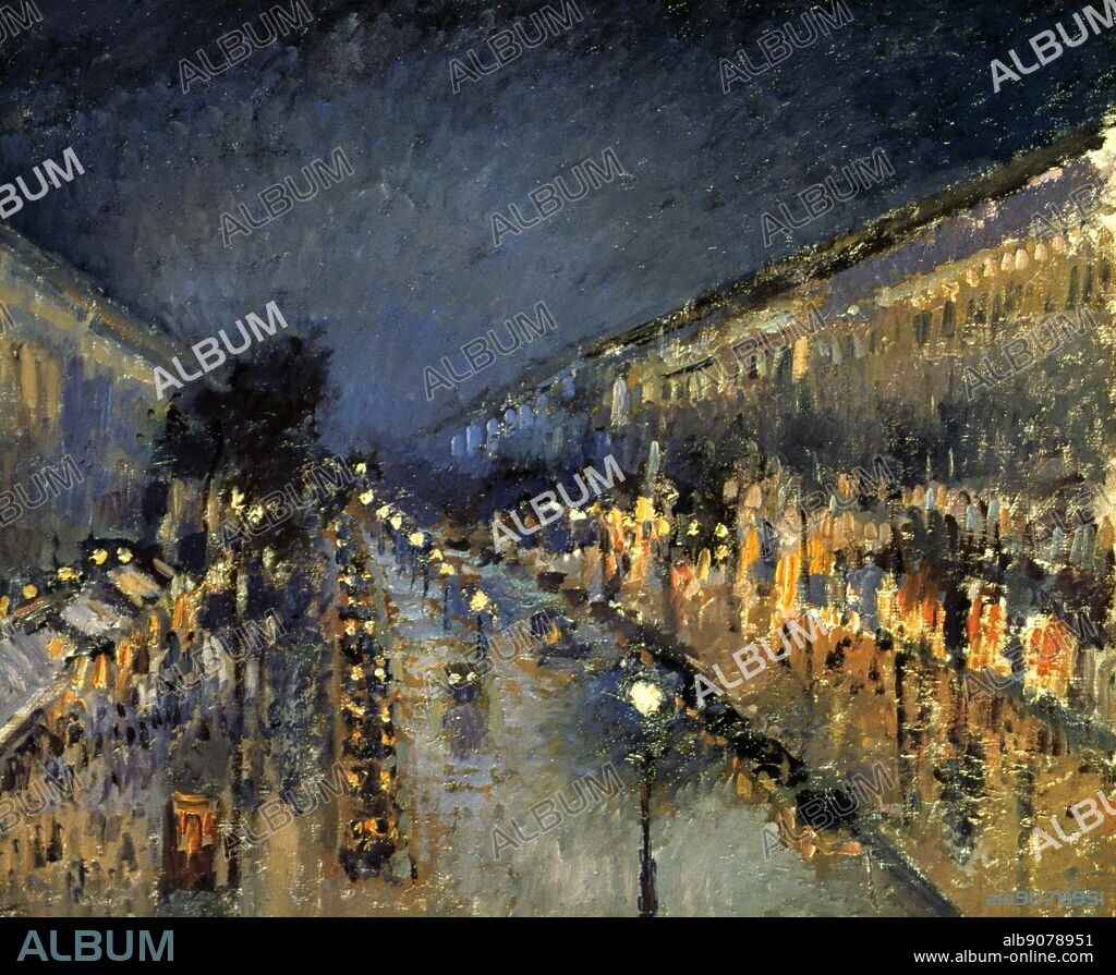 Paris: Boulevard Monmartre at Night': Camille Pissarro (1830-1872) Fench artist. Oil on Canvas.
