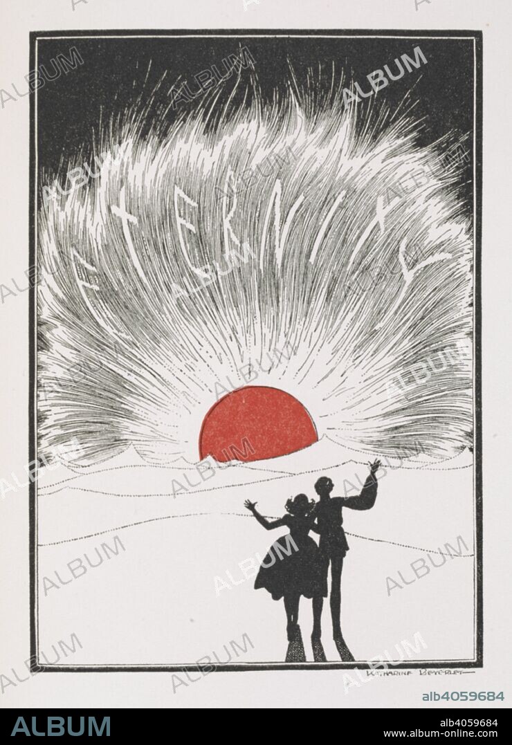 HANS CHRISTIAN ANDERSEN y KATHERINE BEVERLEY. Two figures, Kay and Gerda, waving at a sunset on the horizon. The word 'eternity' can be seen in the sky. Illustration for the seventh story, of the Snow Queen's castle and what happened there at last.'. The snow queen / Hans Christian Andersen ; drawings by Katharine Beverley and Elizabeth Ellender. New York, N.Y. : E.P. Dutton, c1929. Source: YD.2004.b.454 after page 195.