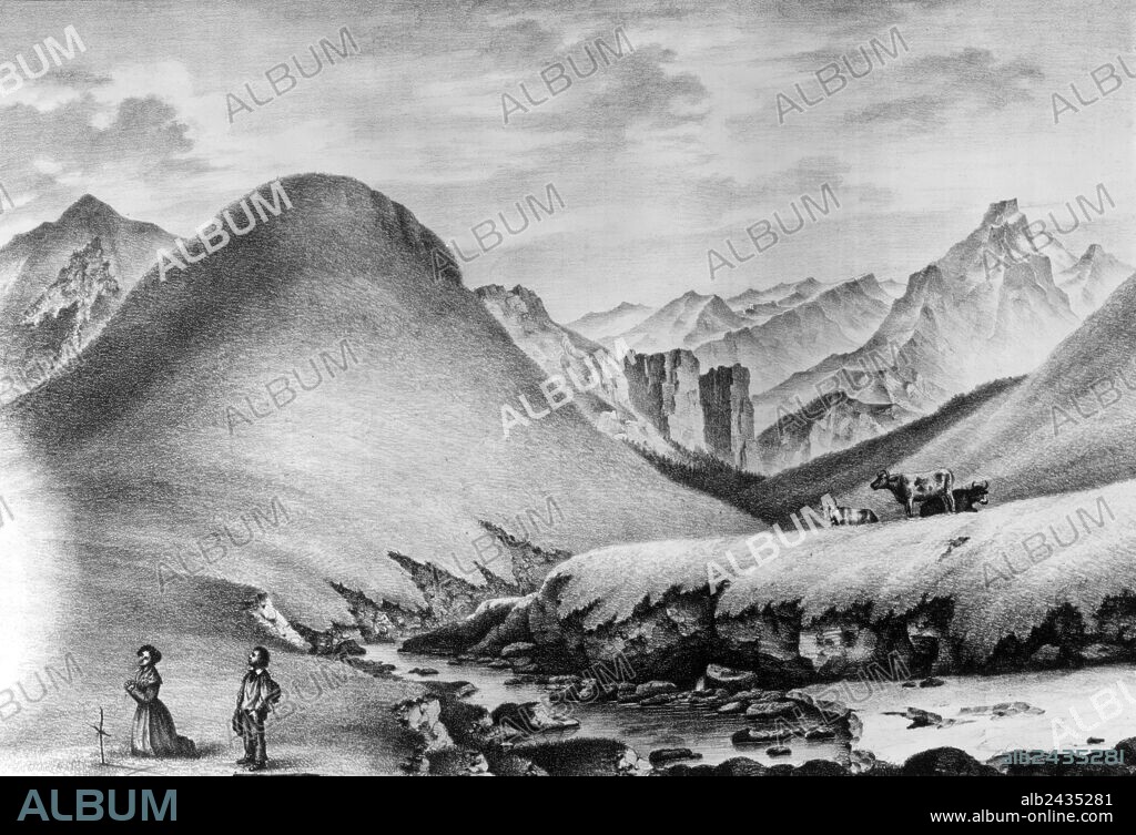 View of the site of La Salette in France, foreground on l : Maximin Giraud and Melanie Calvat (Virgin Mary appeared to them on september 19, 1846), engraving by Pegeron after Jules Guedy.