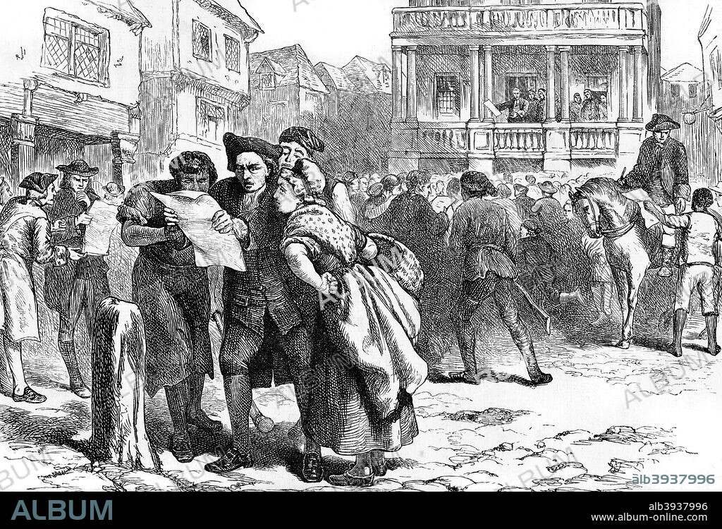 Bostonians reading the Stamp Act, 1765 (c1880). The Stamp Act of 1765 was the first attempt by the British government to impose direct taxation upon the American colonies. The measure was widely unpopular and was one of the catalysts for the American Revolution a decade later. From Smith's American Historical and Literary Curiosities. A print from Cassell's History of the United States, by Edmund Ollier, Volume II, Cassell Petter and Galpin, London, c1880.