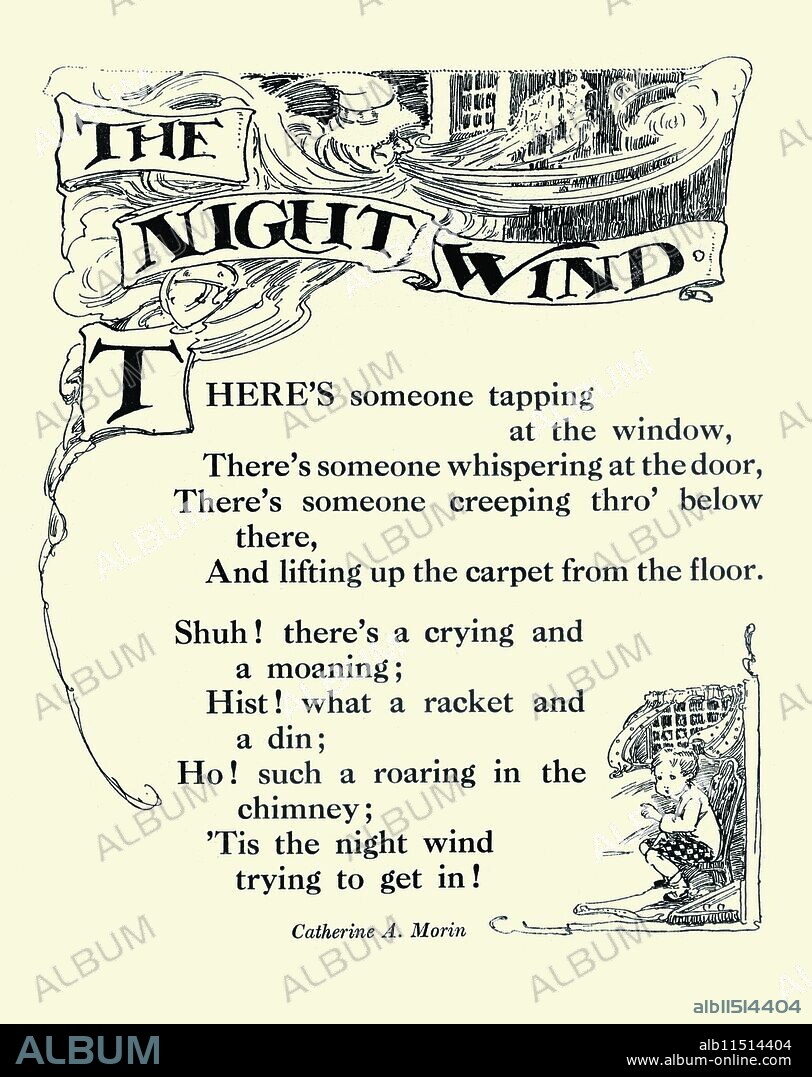 UNKNOWN. A page from a 1925 chidren's book with a poem by Catherine A. Morin.  A little boy sits inside as the wind howls outside.