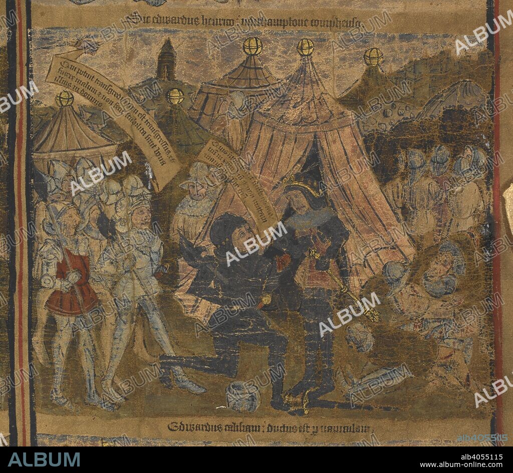 King Henry VI taken captive after the battle of Northampton in 1460 by Edward of York (afterwards King Edward IV) and the Earls of Warwick and Salisbury. Typological life and genealogy of Edward IV. England, 1460 - c. 1470. Five pairs of large miniatures in colours, pairing an event of Edward's career on the right with its biblical type or precedent on the left, including an allegorical representation of Edward's success and the fulfilment of all prophecies and below, genealogical tree of Edward IV including kings in the form of a tree of Jesse, with Henry III reclining at the bottom and Edward IV and Henry VI emerging as opponents at the top.   Dimensions in mm 1750 x 535. Parchment roll  . Source: Harley 7353, 8th picture. Language: Latin.