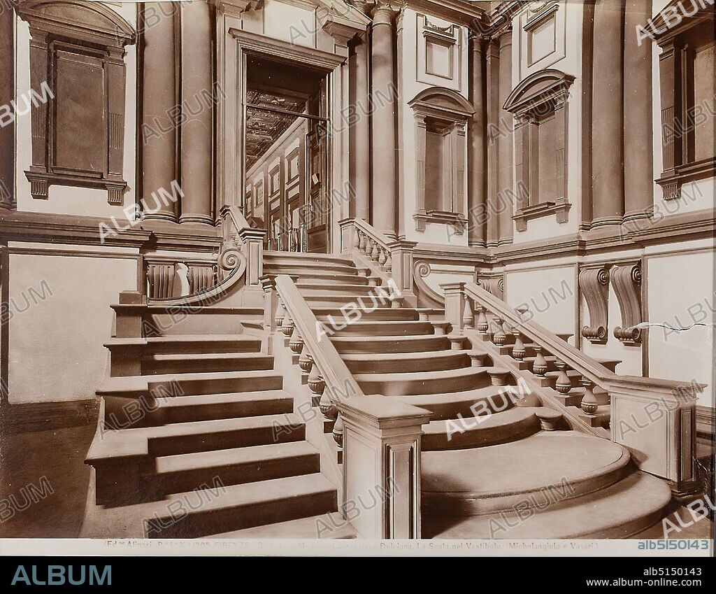 Michelangelo and Vasari, stairs to the vestibule of the Medici-Laurenziana Library, Florence, albumin paper, black and white positive process, image size: height: 19.20 cm; width: 25.00 cm, FIRENZE - Biblioteca Mediceo-Laurenziana Delciana. La scala nel Vestibolo. (Michelangiolo e Vasari.), architectural photography, travel photography, stairs, staircase, architecture, hist. building, locality, street, Florence.