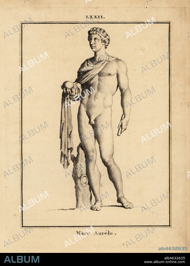 Statue of the Roman Emperior Marcus Aurelius, Marcus Aurelius Antoninus Augustus; naked with orb and scepter. Copperplate engraving by Francois-Anne David from Museum de Florence, ou Collection des Pierres Gravees, Statues, Medailles, Chez F.A. David, Paris, 1787. David (1741-1824) drew and engraved the illustrations based on Roman statues, engraved stones and medals in the collection of the Museum de Florence and the cabinet of curiosities of the Grand Duke of Tuscany.