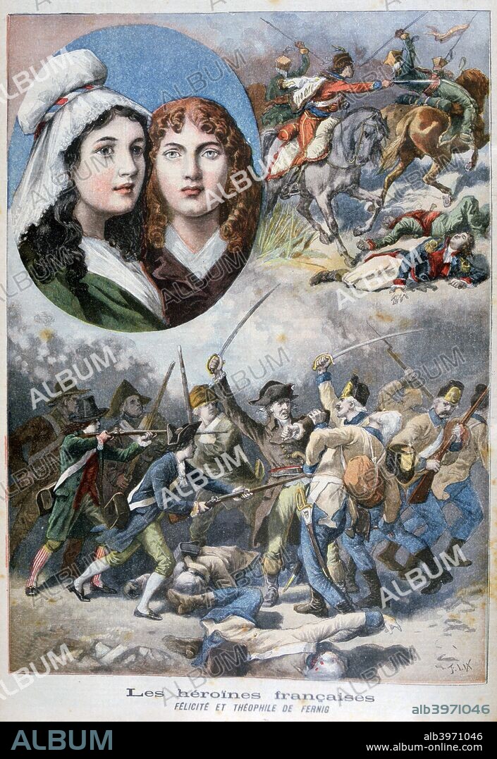 Felicite and Theophile de Fernig, French heroines, 1792, (1894). The daughters of General Louis Joseph de Fernig, Felicite and Theophile were enrolled in the National Guard in 1792, aged just thirteen and sixteen respectively. They served as aides-de-camp to General Dumouriez during the War of the First Coalition. An illustration from Le Petit Journal, 27th August 1894.