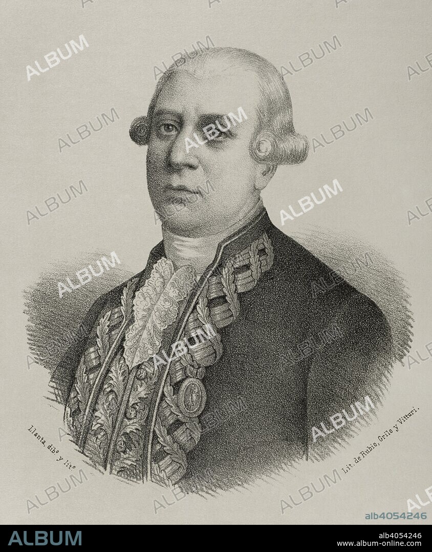Jose Joaquin Romero y Fernandez de Landa (1735-1807). Marine, military and Naval Engineer of the Royal Spanish Armada. Drawing by Llanta. Portrait. Lithography. Cronica General de Espa–a, Historia Ilustrada y Descriptiva de sus Provincias. Andalucia, 1867.