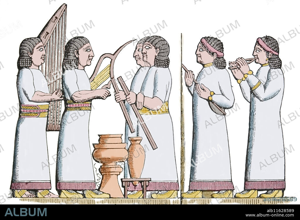 Ancient Near East. Mesopotamia. Assyria. Musicians (harp, lyre, lute, aulos). Engraving, 19th century. Color.