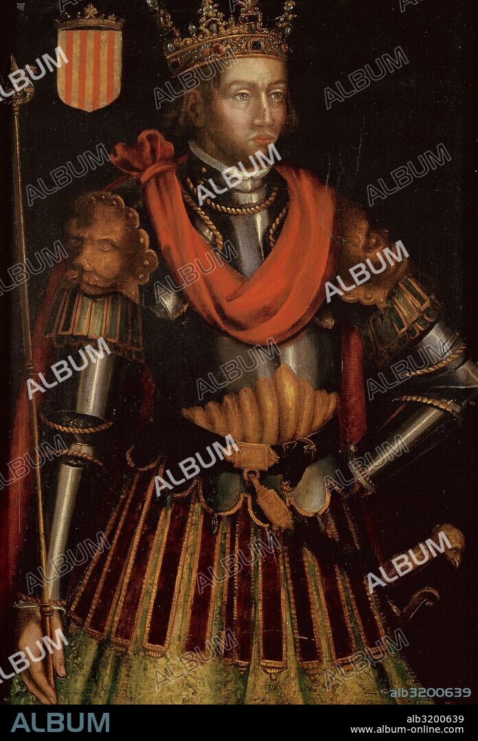 PEDRO II de Aragón y I de Cataluña, el Católico (h.1177-Muret, 1213). Rey de la Corona de Aragón (1196-1213), hijo primogénito de Alfonso el Casto y Sancha de Castilla. En el año 1204 se casó con María de Montpeller y en 1208 nació el futuro rey Jaime I. Murió en la Batalla de muret. Pintura de Filippo ARIOSTO (1587-1588). Museo Militar. Castillo de Montjuic. Barcelona.