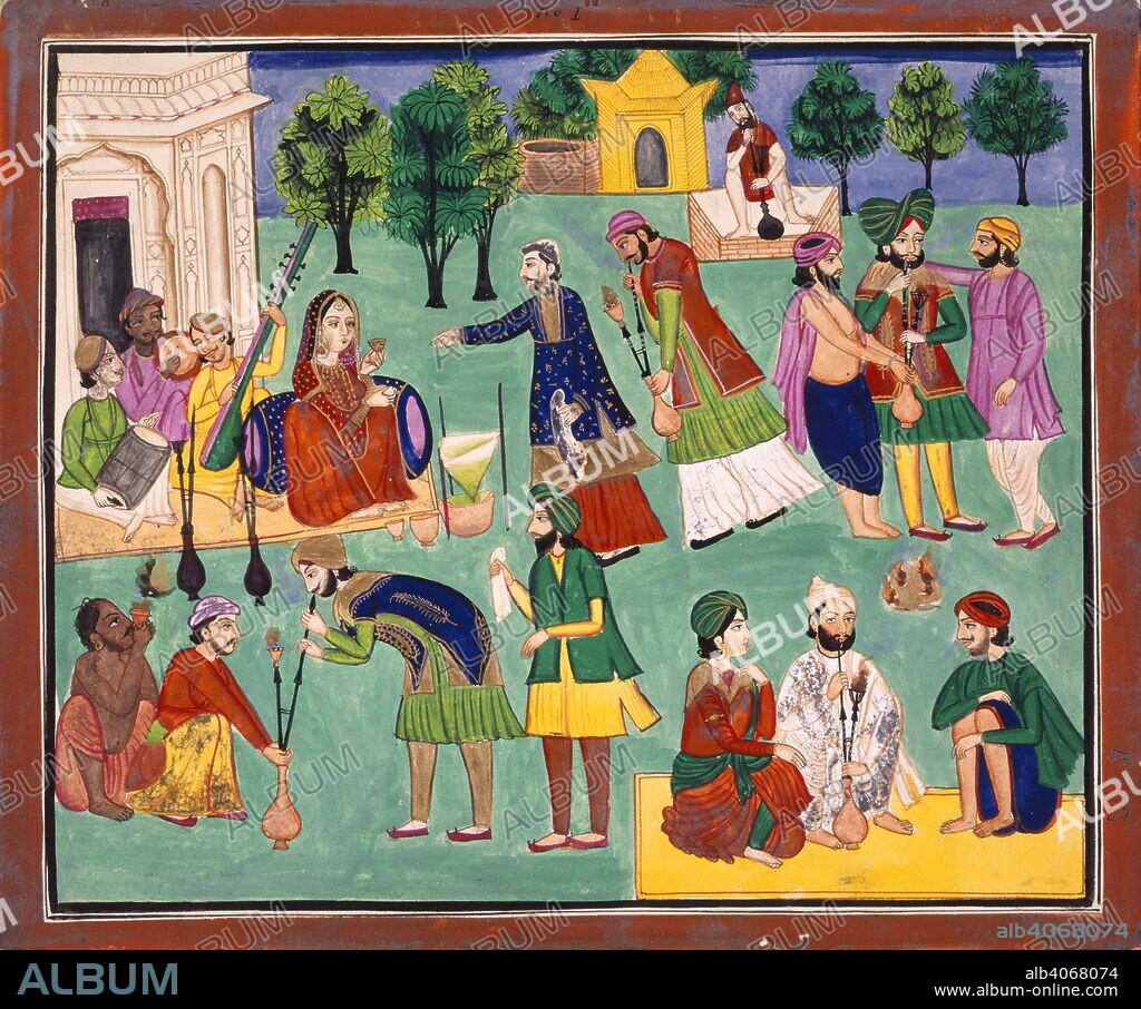 Smoking charas. c.1870. Smoking charas. A preparation of Indian hemp imported into northern India from East Turkestan. Watercolour.  Originally published/produced in c.1870. . Source: IO Album 49,4782,.