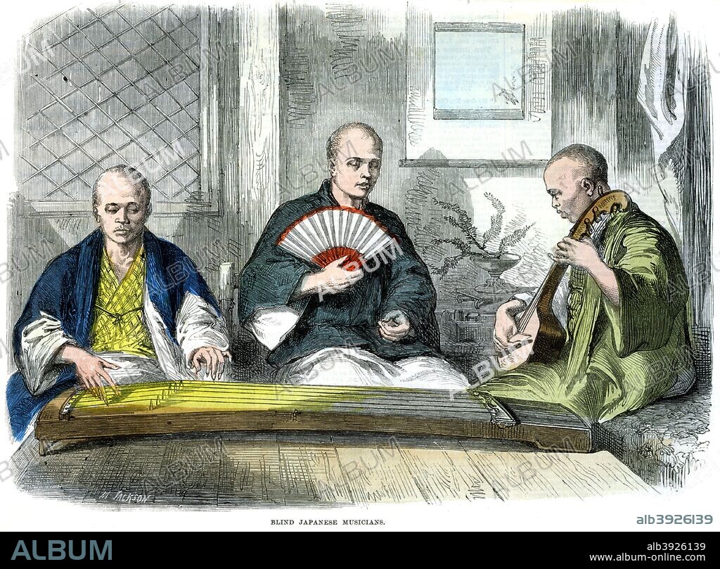 Blind Japanese musicians, 1864. Men playing a long zither (koto) and a lute (possibly a samisen). A print from The Illustrated London News, 27th August 1864.