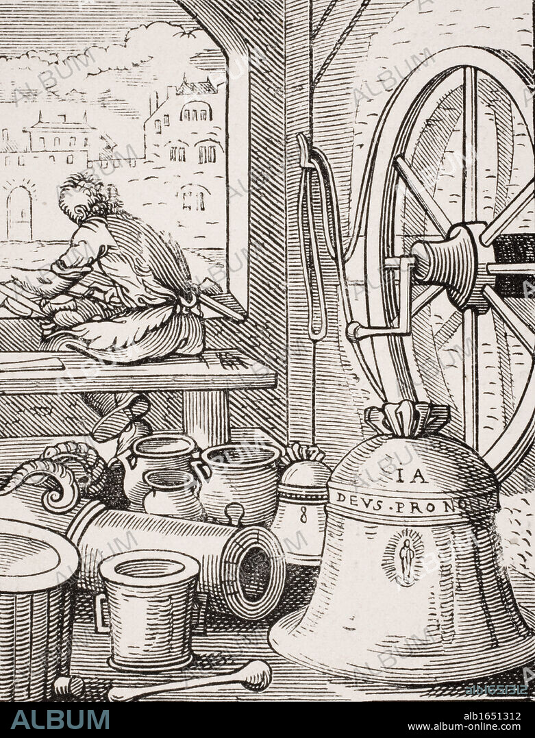 Bell and cannon caster. 19th century reproduction of 16th century woodcut by Jost Amman.