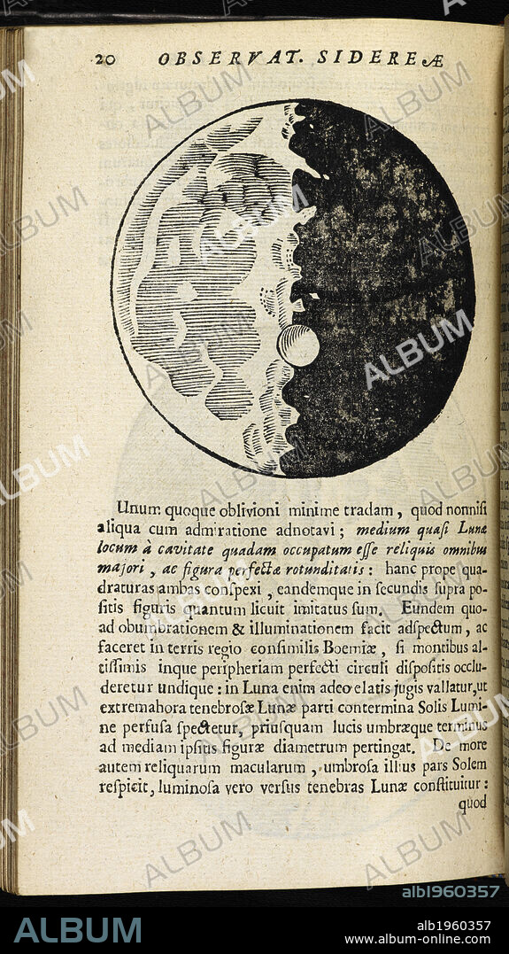 Drawing of the surface of the moon, showing the dark side, Science. Author Galileo Galilei,.