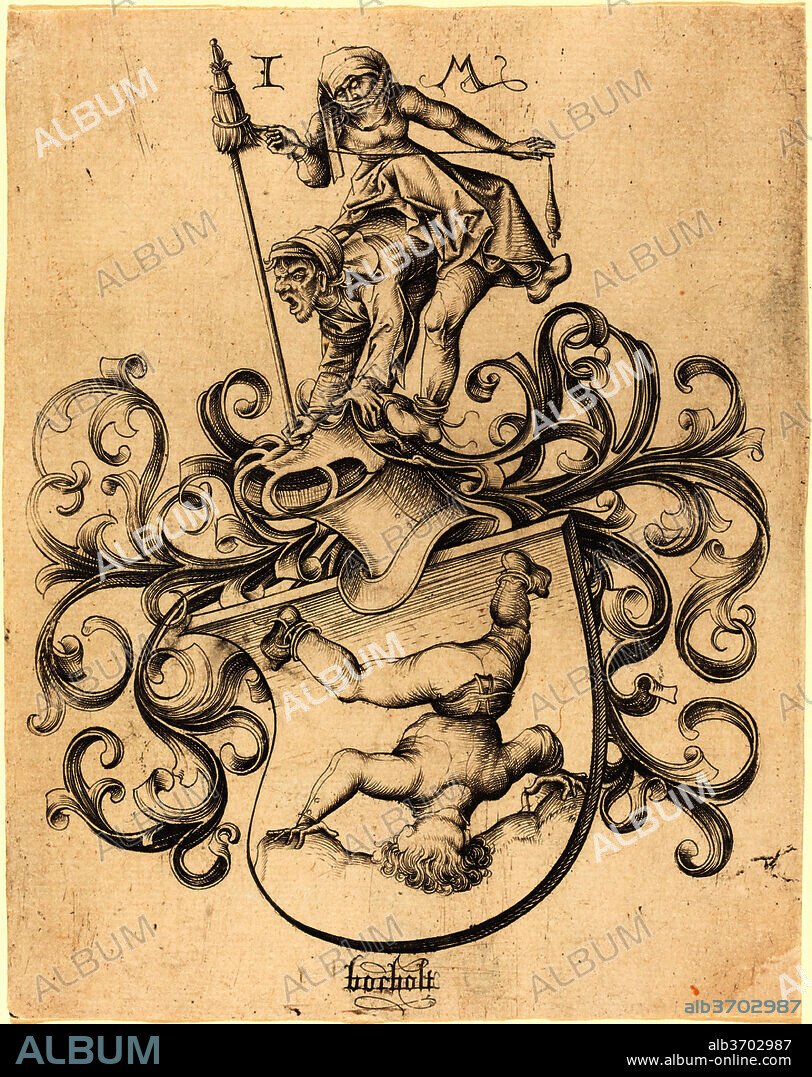 ISRAHEL VAN MECKENEM AFTER MASTER OF THE HOUSEBOOK. Coat of Arms with Tumbling Boy. Dated: c. 1480/1490. Medium: engraving.