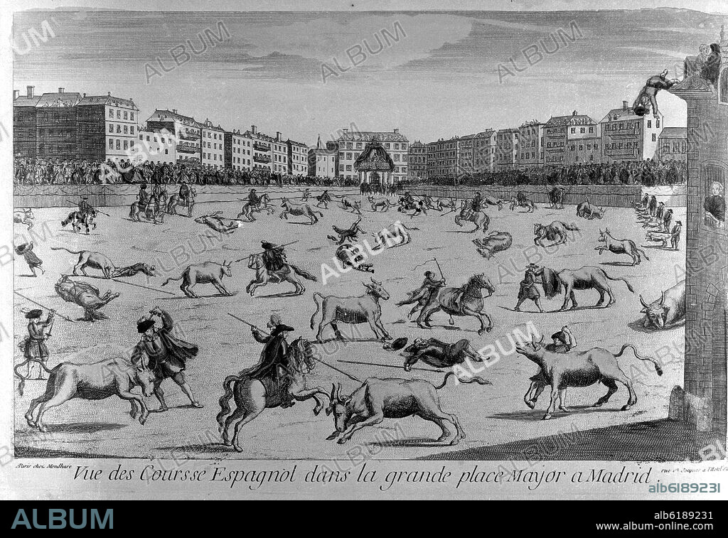 CORRIDA DE TOROS EN LA PLAZA MAYOR DE MADRID - GRABADO SIGLO XVIII.