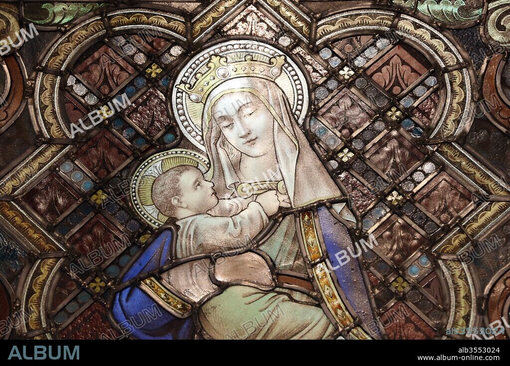 Cathedral of the Good Shepherd. Stained glass window. Virgin and Child. Singapore.