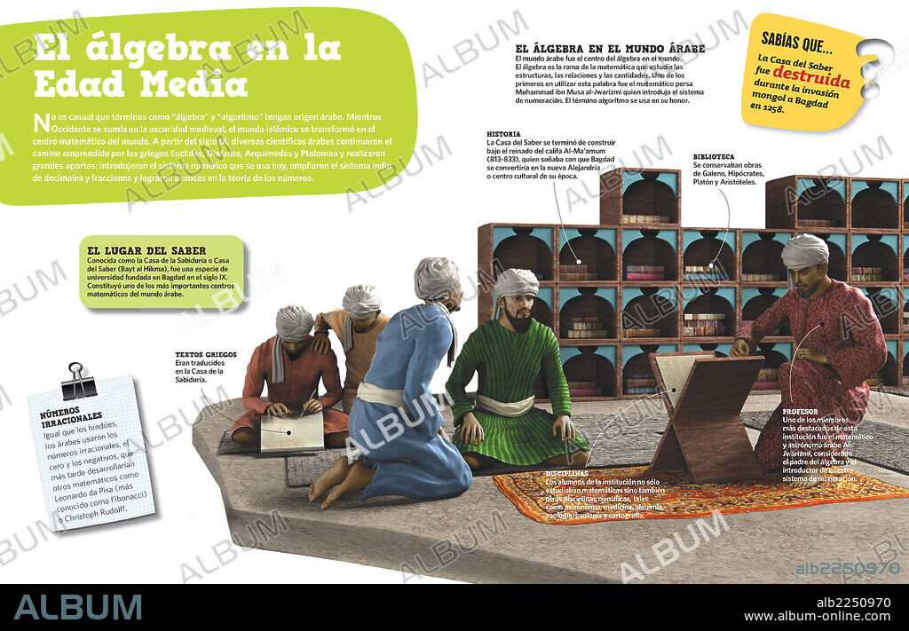 Algebra in the Middle Age. Infographic on algebra in the Middle Ages, and particularly in the Arab world, which was the centre of algebra.