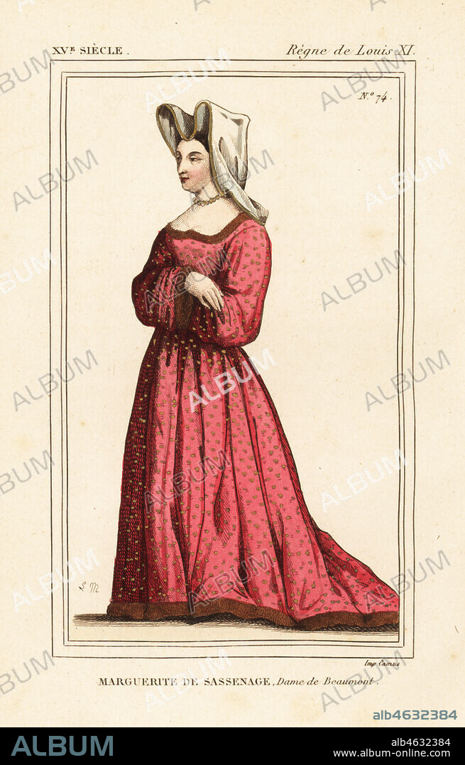 Marguerite de Sassenage, Lady Beaumont, mistress of the dauphin, later King Louis XI of France, d. 1471. Handcoloured lithograph by Leopold Massard from Le Bibliophile Jacob aka Paul Lacroix's Costumes Historiques de la France (Historical Costumes of France), Administration de Librairie, Paris, 1852.