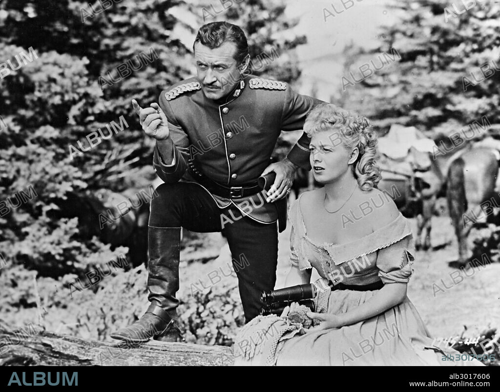 ROBERT DOUGLAS and SHELLEY WINTERS in SASKATCHEWAN, 1954, directed by RAOUL WALSH. Copyright UNIVERSAL INTERNATIONAL.