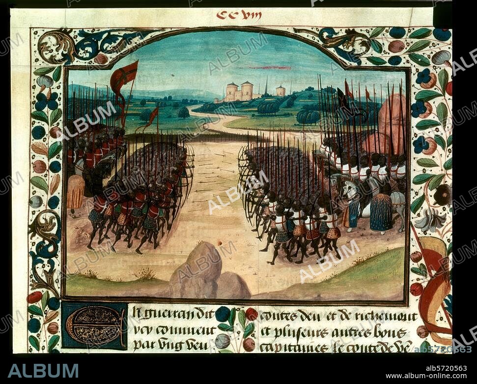 Krieg König Heinrichs V. von England gegen Frankreich / Schlacht bei Azincourt am 25. Oktober 1415. Die Schlacht bei Azincourt; im Hintergrund Schloß Azincourt. Buchmalerei, französisch, 15. Jh. Aus: Abrégé de la Chronique d'Enguerrand de Monstrelet. Ms. français 2680, fol. 208 r, Paris, Bibliothèque Nationale.