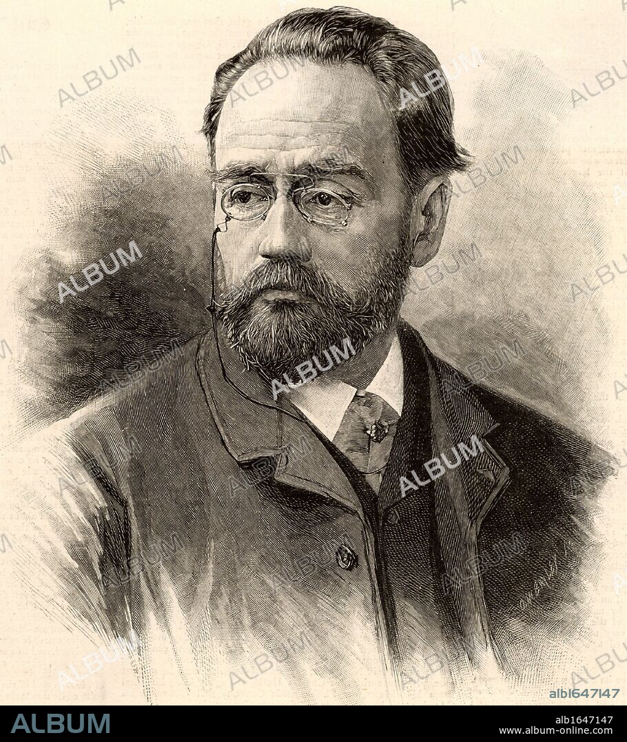 Emile Zola (1840-1902) French journalist and novelist of the Naturalistic school. Engraving published in 1893 when he was invited to give a paper to the conference of the Institute of Journalists in London. The title of the paper he gave was 'L'Anonymat dans la Presse' (Anonymity in Journalism). Engraving. (Photo by: Universal History Archive/UIG via Getty Images).