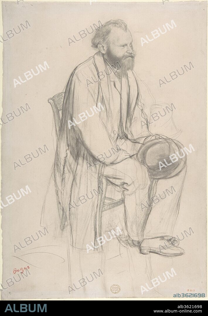 Édouard Manet, Seated, Holding His Hat. Artist: Edgar Degas (French, Paris 1834-1917 Paris). Dimensions: Sheet: 13 1/16 x 9 1/16 in. (33.1 x 23 cm). Sitter: Édouard Manet (French, Paris 1832-1883 Paris). Date: ca. 1865.
This drawing and another by Degas (MMA 19.51.6), both purchased at the sale of the contents of Degas's studio in 1918, are preparatory studies for an etched portrait of Manet made about 1866-68, a few years after the two painters first met in the Louvre.
Degas portrayed Manet several times: He made a drawing of Manet watching the races at Longchamps (MMA 19.51.8) and a painting that showed him listening to Mme Manet playing the piano.  Upon receiving the painting, Manet was dissatisfied with his wife's likeness and cut off her side of the canvas, an act which enraged Degas and soured the artists' friendship.