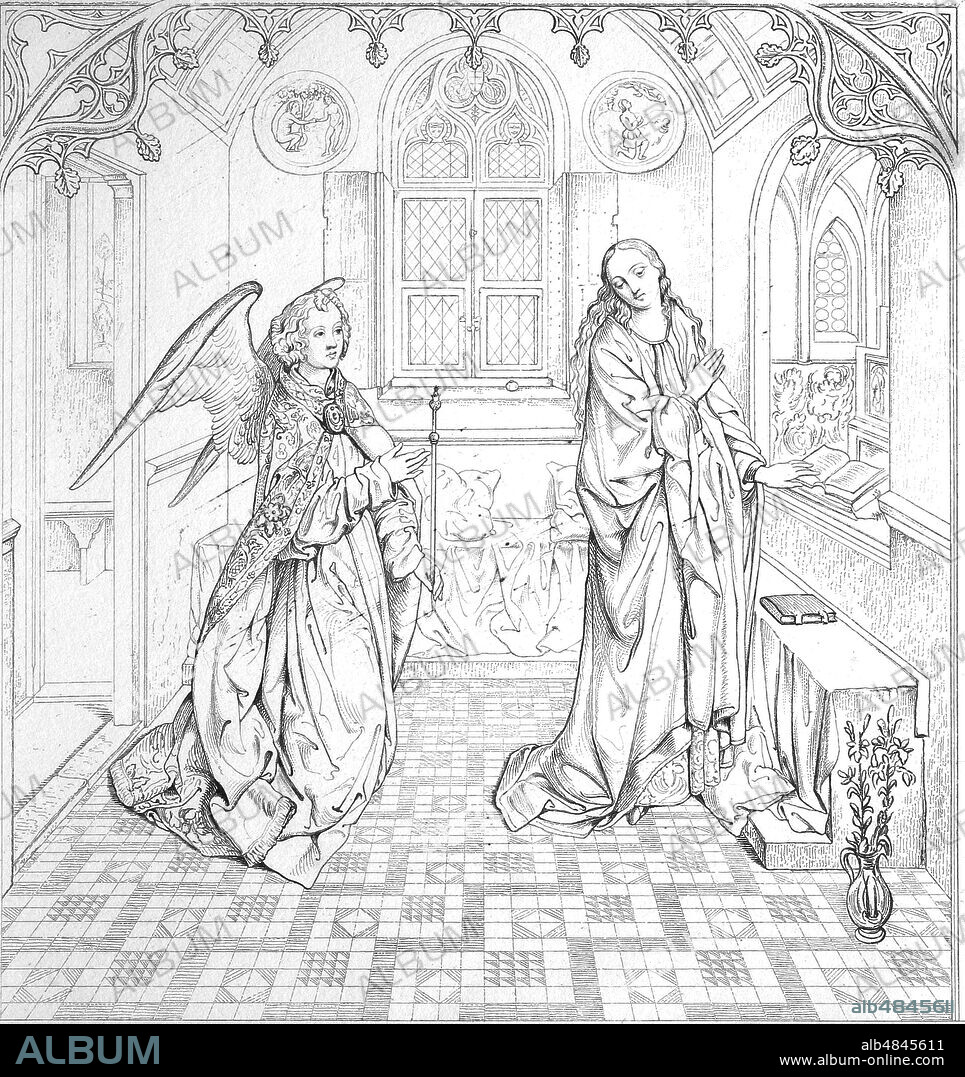 The Annunciation, also referred to as the Annunciation to the Blessed Virgin Mary, the Annunciation of Our Lady, or the Annunciation of the Lord, is the Christian celebration of the announcement by the angel Gabriel to the Virgin Mary that she would conceive and become the mother of Jesus, the Son of God, marking his Incarnation, digital improved reproduction of an original print from the year 1881.