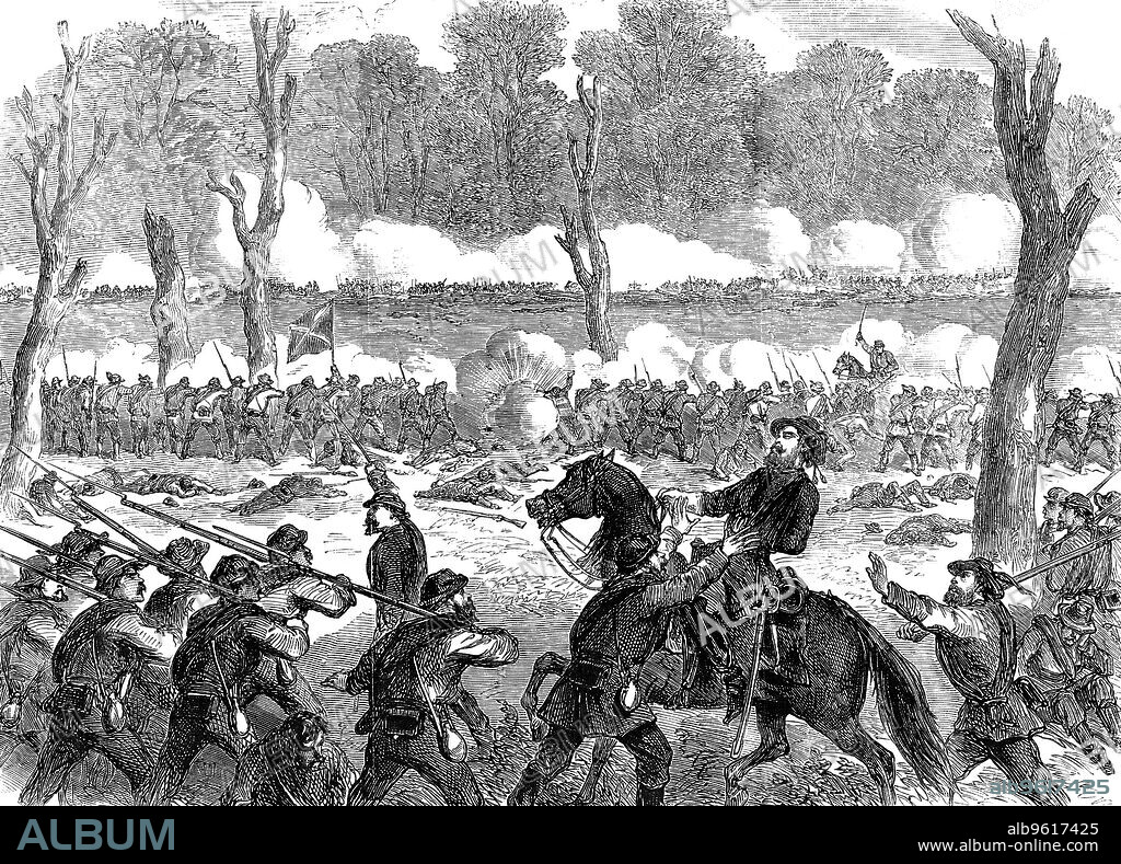 Confederate General Hood wounded at the battle of Chickamauga, Georgia, American Civil War, 1863. The battle, fought on 18-20 September 1860 claimed over 34,000 casualties and saw the Confederate Army of the Tennessee under General Braxton Bragg repulse an offensive by the Union Army of the Cumberland commanded by Major General Rosecrans. General John Bell Hood (1831-1879) had a reputation for bravery, being one of the few Civil War generals who personally led his troops into combat on the field of battle. He lost the use of an arm after being wounded at Gettysburg, and had a leg amputated as a result of the wounds he suffered at Chickamauga. He returned to active duty however, being appointed commander of the Army of the Tennessee in July 1864.