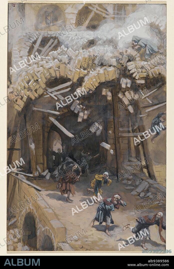 The Tower of Siloam, Le tour de Siloë, The Life of Our Lord Jesus Christ, La Vie de Notre-Seigneur Jésus-Christ, James Tissot, French, 1836-1902, Opaque watercolor over graphite on gray wove paper, France, 1886-1896, Image: 9 1/4 x 5 7/8 in., 23.5 x 14.9 cm, Bible, Biblical, Catholicism, Christianity, collapse, destruction, disaster, French, Jerusalem, Luke, New Testament, Religion, Religious, tissot, tour, tower, watercolor.