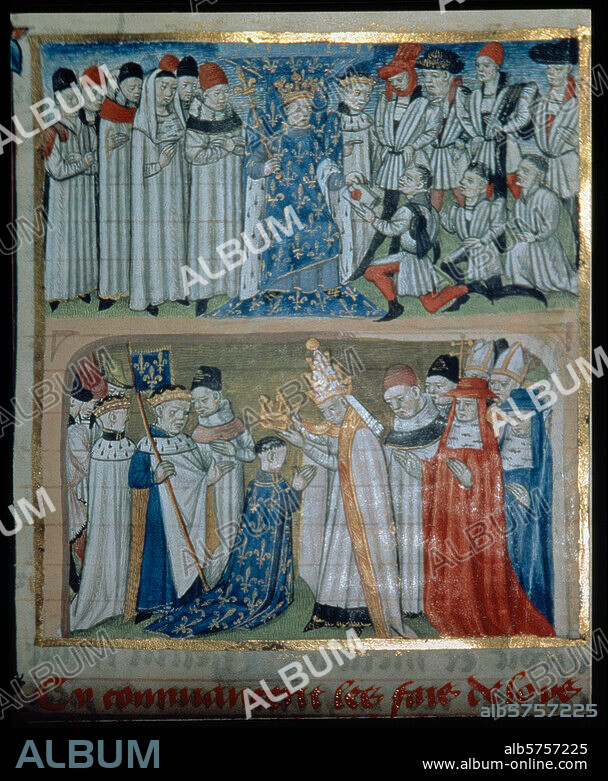 Karl I. der Große; 742-814. Karl der Große schickt Botschafter (Königsboten: missi dominici) in die Provinzen seines Reiches (oben). Krönung Karls des Großen durch Papst Leo III. in Rom, St. Peter, 25.12.800 (unten). Buchmalerei, französisch, 1450. Aus: Grandes Chroniques de France. Châteauroux, Municipal Library.