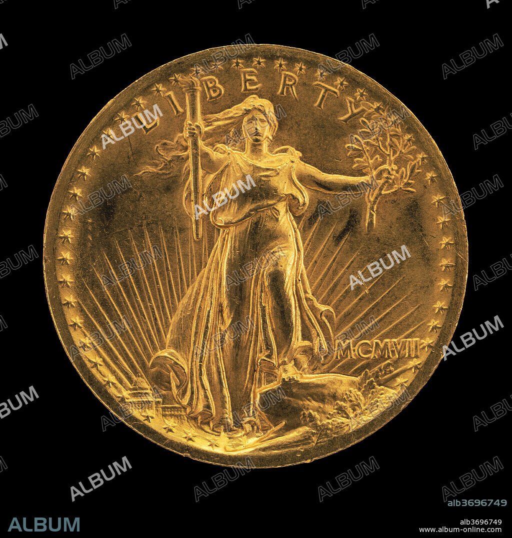 AUGUSTUS SAINT-GAUDENS. "Double Eagle" Twenty Dollar Gold Piece [obverse]. Dated: model 1905-1907, struck 1907. Dimensions: overall (diameter): 3.4 cm (1 5/16 in.). Medium: gold alloy.