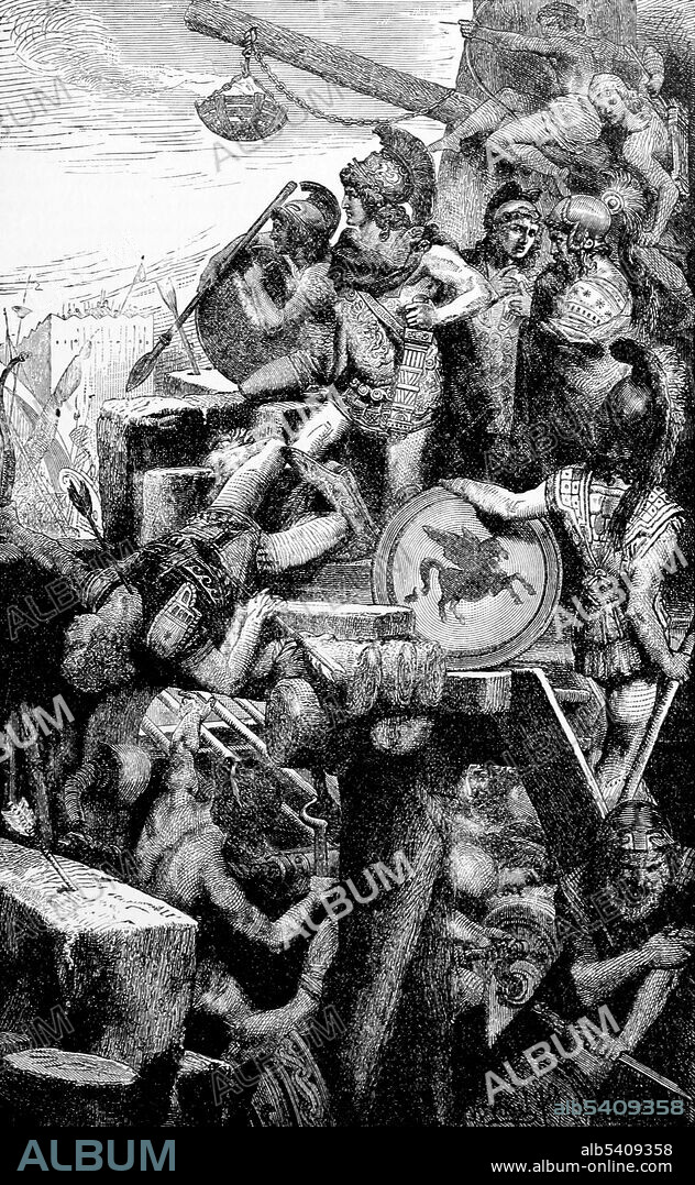 The Siege of Tyre was orchestrated by Alexander the Great in 332 BC during his campaigns against the Persians. The Macedonian army was unable to capture the city, which was a strategic coastal base on the Mediterranean Sea, through conventional means because it was on an island and had walls right up to the sea. Alexander responded to this problem by first blockading and besieging Tyre for 7 months, and then by building a causeway that allowed him to breach the fortifications. Alexander was so enraged at the Tyrians' defense and the loss of his men that he destroyed half the city. Cyclopedia of Universal History by John Clark Ridpath, 1890 (cropped and cleaned).