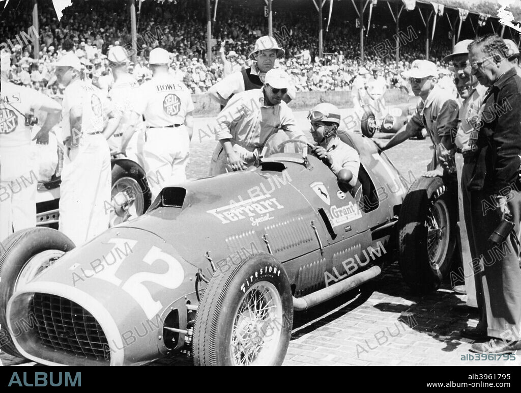 Alberto Ascari at the wheel of a 4.5 litre Ferrari, Indianapolis, 1952. Ascari missed the Swiss GP, the first race of the 1952 season, as he was away qualifying at Indianapolis, during which he unfortunately suffered a wheel collapse. Enzo Ferrari signed Ascari up in 1949, and he won many races for Ferrari between 1950 and 1952. He was World Champion in 1952 and 1953. In 1952 he won every Grand Prix, and didn't lose a race until the middle of 1953. He performed the unrepeated feat of winning nine straight Grands Prix.