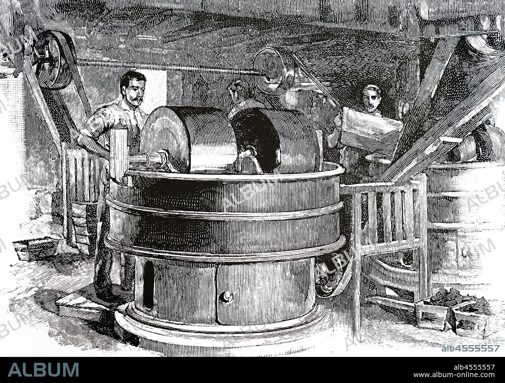 An engraving depicting the pan room of Fry's Chocolate factory. Bristol. Dated 19th century.