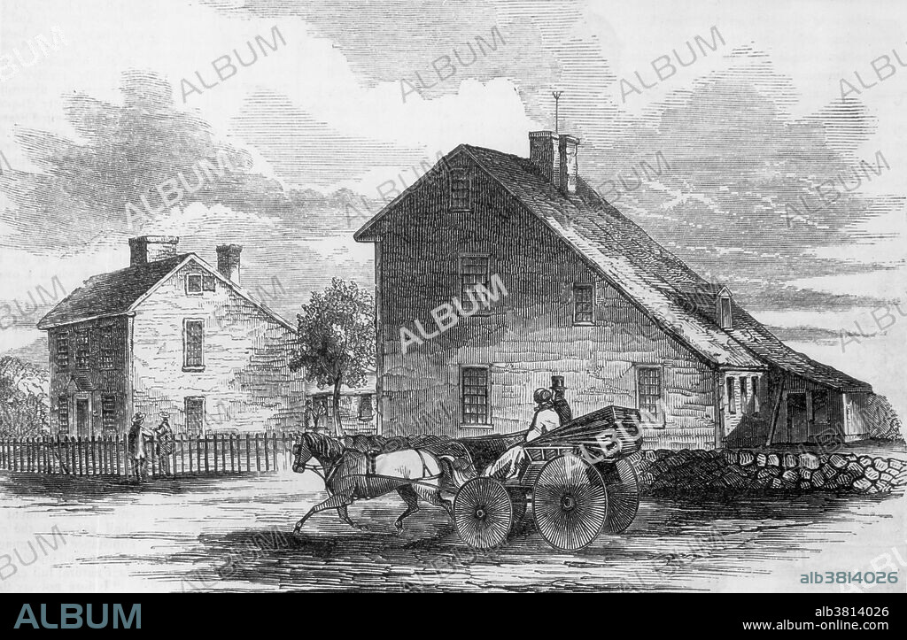 Historical illustration of the birthplace of John Quincy Adams, America's 6th President. The saltbox house is only a few feet away from the birthplace of his father, President John Adams. The two houses, located in Quincy, Massachusetts, are now part of the Adams National Historical Park.