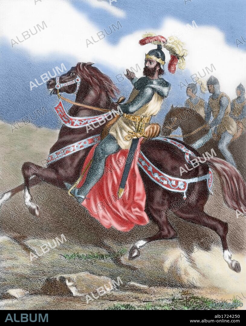 SANCHO IV "El Bravo" (1258-1295). Rey de Castilla (1284-1295), hijo segundo de Alfonso X el Sabio y de Violante de Aragón. "EL REY SANCHO A CABALLO". Grabado coloreado del siglo XIX.