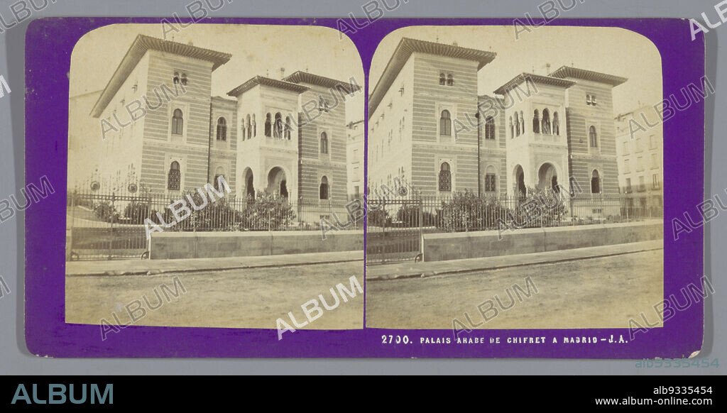 Facade of the Palacio de Xifré in Madrid, PALAIS ARABE DE CHIFRET A MADRID (title on object), Jean Andrieu (mentioned on object), Madrid, 1862 - 1876, cardboard, albumen print, height 85 mm × width 170 mm.