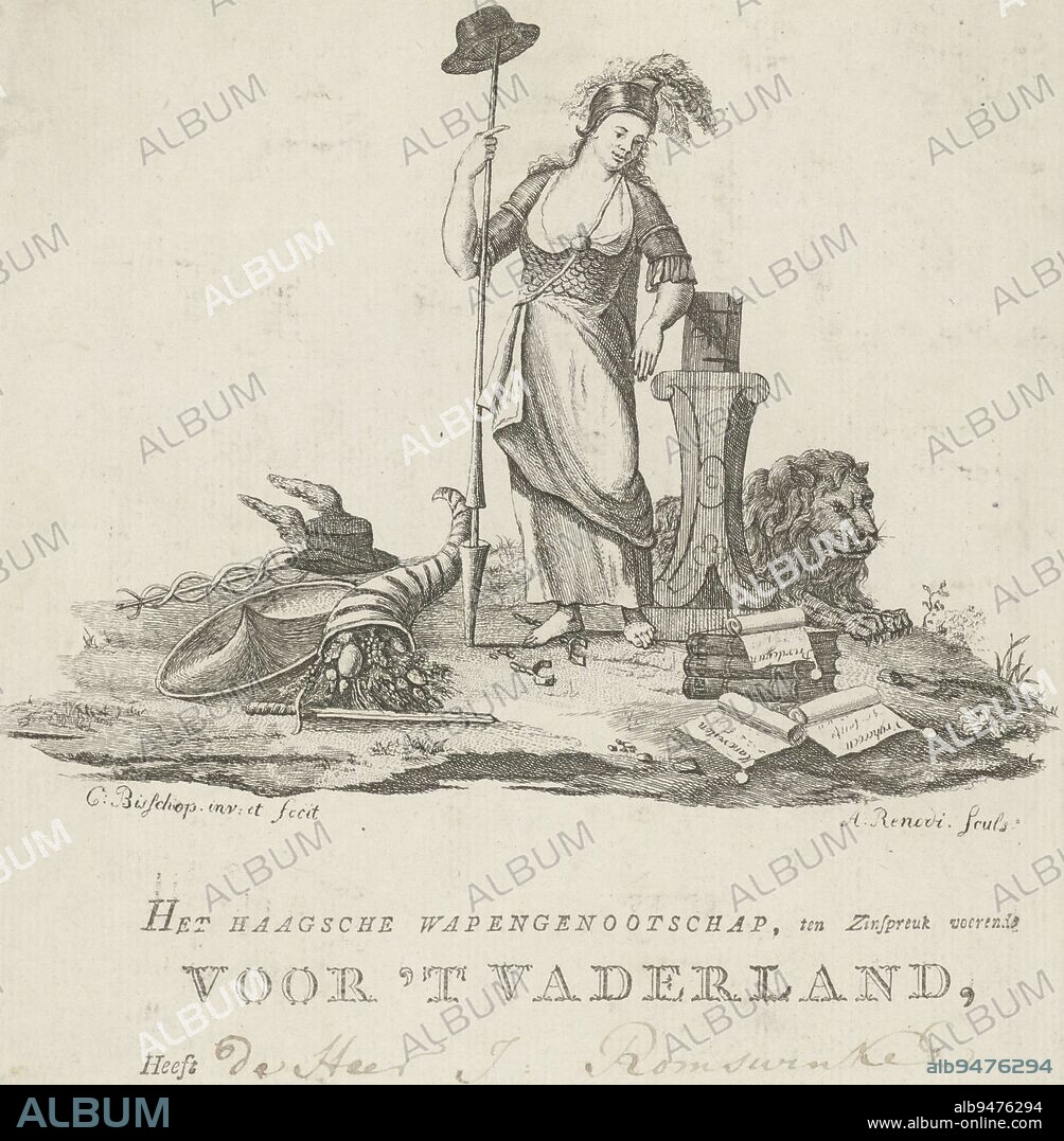 Above the text a picture of the personification of Freedom, holding the freedom lance with the freedom hat. Behind her lies the Dutch lion and in front of her is a pile of books on which 'straight' stands. On the left a sword, the horn of plenty and the mercurial staff and hat, Diploma of the 'Hague Armaments Society for the Fatherland'., print maker: Abraham Renodi, (mentioned on object), Cornelis Bisschop (1762-1829), (mentioned on object), Northern Netherlands, in or before 1787, paper, etching, letterpress printing, pen, h 267 mm × w 173 mm.