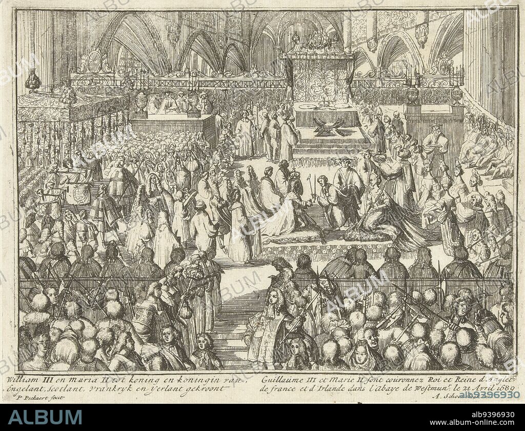 Coronation of Prince William III and Princess Maria Stuart as King and Queen of England, at Westminster Abbey on 21 April 1689. Part of the series 'Engelants schouwtoneel' on the Glorious Revolution 1688-1689 (second part). With captions in Dutch and French, Coronation of William III and Mary, 1689 William III and Mary II crowned king and queen of Engelant, Scotlant, Vrankryk and Yerlant, Englishman's theatre depicts the Glorious surpassed with the crowning of William III and Mary II to King and Queen of Great Brittany and Vrankryk and Yrlant, and so on. II Part. (series title on object), print maker: Pieter Pickaert, (mentioned on object), publisher: Adriaen Schoonebeek, (mentioned on object), Amsterdam, 1689, paper, etching, h 151 mm × w 195 mm.