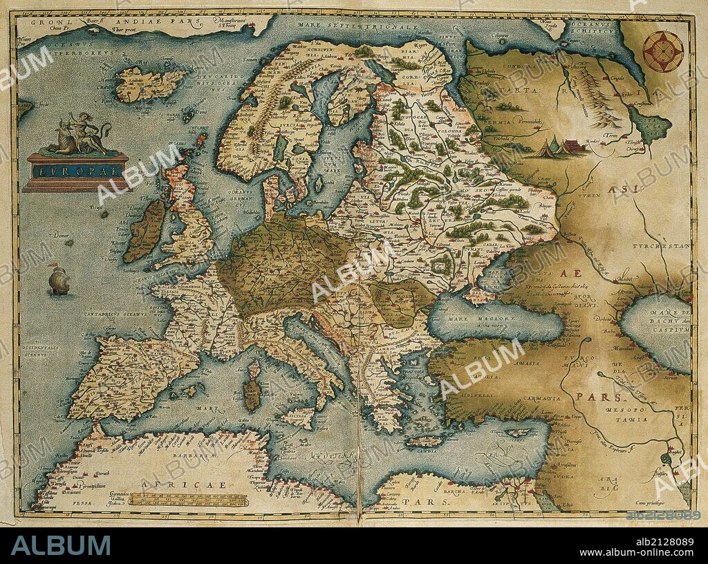"MAPA DEL CONTINENTE EUROPEO". Obra de Abraham ORTELIUS, editor del atlas "Teatrum Orbis Terrarum". Primera edición de Amberes del año 1574. Biblioteca de Cataluña. Barcelona.